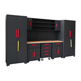 HPDMC Garage Storage Cabinet System 9-Pcs Workshop Set Garage Cabinets and Storage System with Steel Cabinet Drawers, Rolling Chest, Workbench, Pegboard for Garage Tool Organization, Black and Red HPDMC