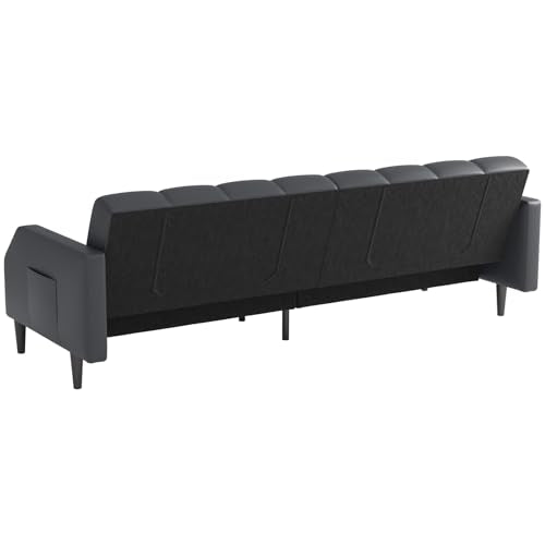 Fadware Faux Leather Couch, Convertible Futon Sofa Bed with Adjustable Backrest, Mid Century Leather Sofa Loveseat with Side Pockets& Metal Leg, Modern Leather Sleeper Sofa for Living Room Bedroom Fadware