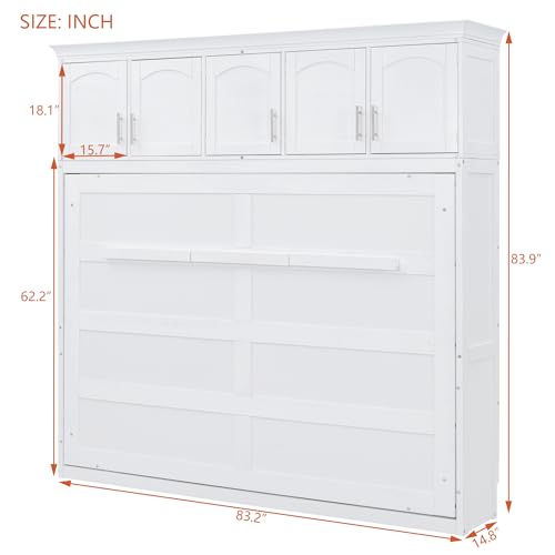 SOFTSEA Full Size Murphy Bed Cabinet with Storage, Solid Wood Murphy Bed with Shelves, Solid Wood Wall Bed Frame can be Folding into a Cabinet, Folding Wall Bed for Guestroom, White SOFTSEA