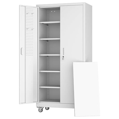 Aobabo Upgraded Garage Storage Cabinets with Wheels,Metal Storage Cabinets with 5 Adjustable Shelves for Garage Home Office Storage,White,71''H*34''W*18''D,Assembly Required Aobabo