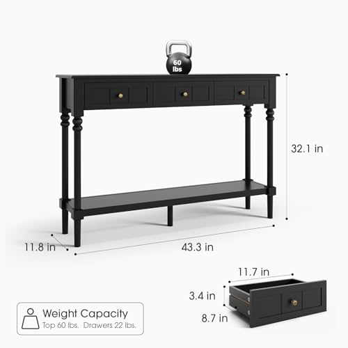 JOINICE Console Tables with Drawers,43" Entryway Table with Shelf and Solid Wood Legs,Narrow Long Sofa Table with Storage, Wood Foyer Tables for Entryway,Living Room,Hallway,Black JOINICE