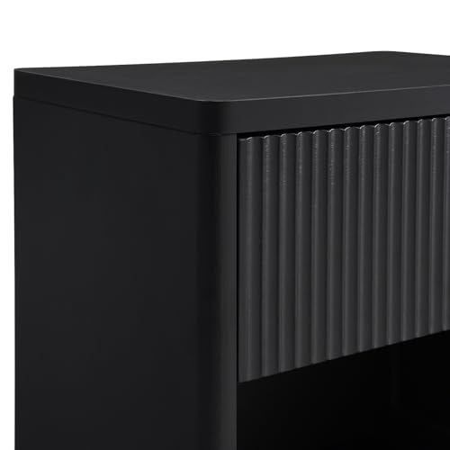 22.8" W Black Fluted Nightstand with 2 Drawers, Mid Century Modern Nightstand with Hidden Drawers, Large Night Stand, Accent End Table, Bedside Table with Open Shelf, Curved Profile Design XIAO WEI