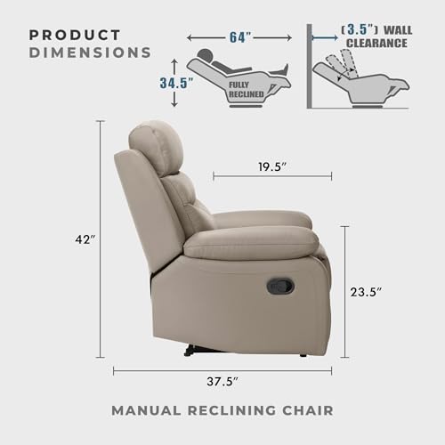 Lexicon 41" W Manual Reclining Chair, Top Grain Leather Match Recliner, Home Theater Seating, Wall Hugger Recliner, Manual Reclining Sofa Chair for Living Room/Office/Apartment, Latte
