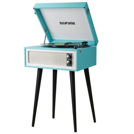 Standing Record Player with Legs, 3 Speed Vinyl LP Player Bluetooth Vintage Turntable with Built-in Speakers USB Input& Recorder, RCA Out, AUX in, Turquoise Retrospiler