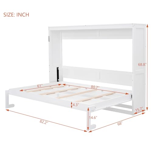 Ball & Cast Queen Size Murphy Bed,Hideaway Beds with Dual Piston Metal Folding Mechanism Designed,Wood Wall Cabinets Bedframe w/Slat Support and Storage Platform Top,Hardware Chain,for Apartment,White Ball & Cast