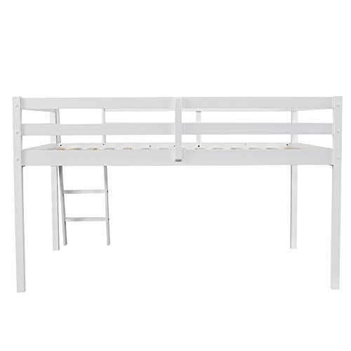 VINGLI Junior Low Loft Bed with Stairs, White Wood Loft Bed Full Size for Adults, Kids and Young Teens, No Box Spring Required,Wood Slat Support VINGLI