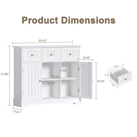 ChooChoo Buffet Cabinet, Coffee Bar with Drawers and Doors, Sideboard Storage with Shelves for Kitchen, Dining Room, Living Room, White ChooChoo