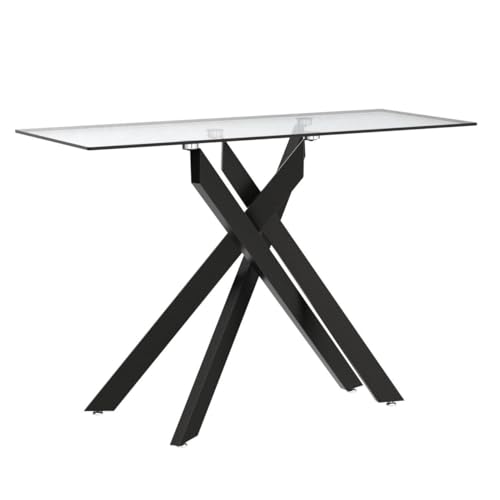 Edwin's Choice Black Glass Console Table Narrow Sofa Table with Grey Tempered Glass Top and Black Metal Tubular Legs with Gold Rim, 45”Lx18”Wx30”H Edwin's Choice