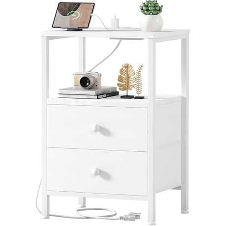 KAI-ROAD White Night Stand with Charging Station and USB Ports, Small Nightstand with Drawers and Shelf Storage End Table for Bedroom, Dorm, Modern Bedside Table KAI-ROAD