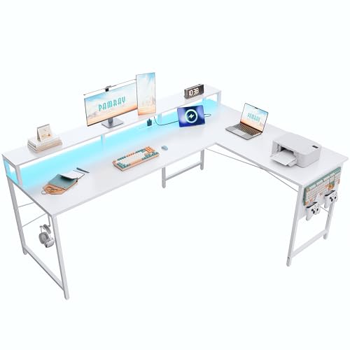 Pamray 64 Inch L Shaped Gaming Desk with Power Outlets and Led Lights, Large Corner Computer Desk with Monitor Stand and Pegboard, PC Table for Home Office and Bedroom White Pamray