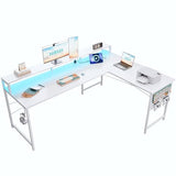 Pamray 64 Inch L Shaped Gaming Desk with Power Outlets and Led Lights, Large Corner Computer Desk with Monitor Stand and Pegboard, PC Table for Home Office and Bedroom White Pamray