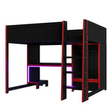 LZ LEISURE ZONE Gaming Bed, Wood Full Size Gaming Loft Bed with Built-in Desk, Wardrobe, LED and a Drawer, Black LZ LEISURE ZONE