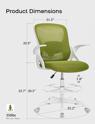 LukkDys Drafting Chair Tall Office Chair with Flip-up Armrests Ergonomic Computer Standing Desk Chair with Comfy Lumbar Support and Adjustable Footrest Ring for Bar Height Desk(White-Green) - WoodArtSupply