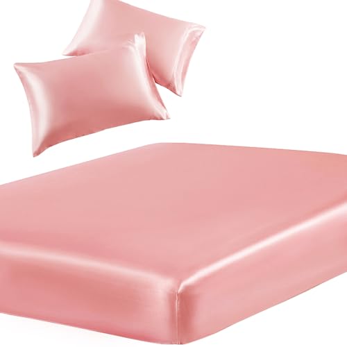 SiinvdaBZX 3-Piece Set Satin Twin Fitted Sheet & 2 Pillowcase, Blush Pink Silky Soft Fitted Bottom Sheet, Wrinkle Free, Fade Resistant, Deep Pocket Bed Sheet (Deep Up to 15") SiinvdaBZX