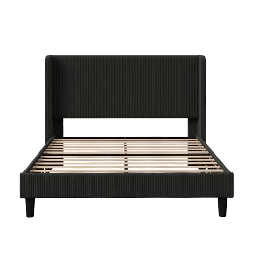 Allewie Queen Size Bed Frame with Upholstered Wingback Headboard, Vertical Channel Tufted Corduroy Velvet Platform Bed, Strong Wooden Slats Support, No Box Spring Needed, Easy Assembly, Sturdy, Black Allewie