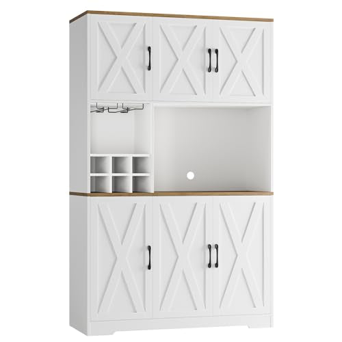HOSTACK Kitchen Pantry Storage Cabinet, 71" Tall Food Pantry Cabinet with Microwave Stand, Farmhouse Kitchen Hutch Cabinet, Coffee Bar Hutch with Wine Rack for Dining Room, Living Room, White HOSTACK