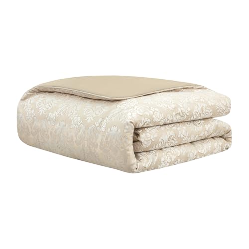 Loom and Mill 9-Piece Elegant Damask Comforter Sets Jacquard Medallion Design, Ultra Soft Floral Bedding with Euro Shams, Bedskirt, Filled Decorative Pillow for Home (Beige White, Queen) Loom and Mill