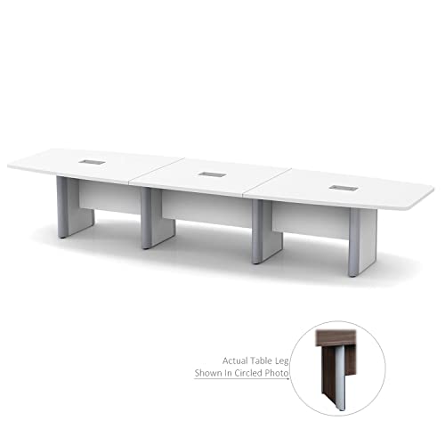Thaweesuk Shop 16 FT White Modern Executive Boat Shaped Conference Table Room Wood Hide Wires Inside Elliptical Metal Legs Desk Grommets Racetrack 3 Power Modules Silver Boardroom Business Furniture Generic