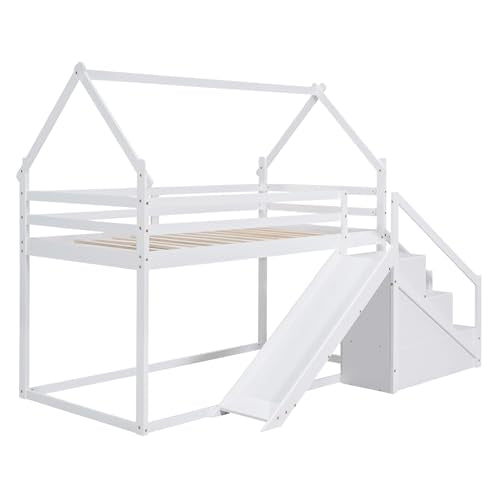 Merax House Shaped Junior Bunk Bed Frame Twin Over Twin with Slide and Storage Stairs, Wood Low Bunkbed with Full-Length Guardrails and Roof Design for Teens, Boys, Girls, No Box Spring Needed, White Merax