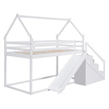 Merax House Shaped Junior Bunk Bed Frame Twin Over Twin with Slide and Storage Stairs, Wood Low Bunkbed with Full-Length Guardrails and Roof Design for Teens, Boys, Girls, No Box Spring Needed, White Merax