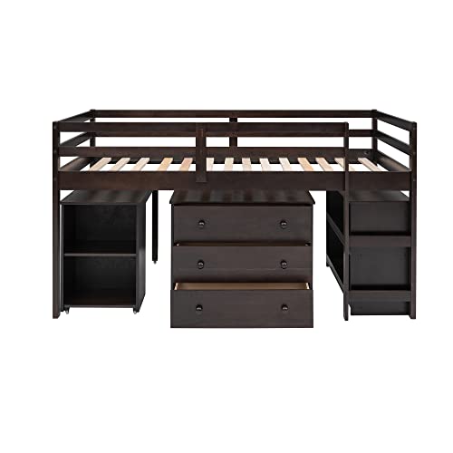 Harper & Bright Designs Twin Size Low Loft Bed with Rolling Portable Desk and Storage Cabinet, Wooden Low Study Loft Bed with Drawers, for Kids Teens Girls Boys - Espresso Harper & Bright Designs
