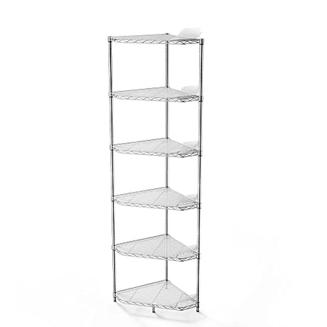 6-Tier NSF Metal Corner Shelf Wire Shelving Unit - 600lbs Capacity, Adjustable, with leveling feet & Shelf Liners - Ideal for Garage, Kitchen - 20" L x 20" D x 72" H - Pentagonal-Shape - Chrome pouseayar