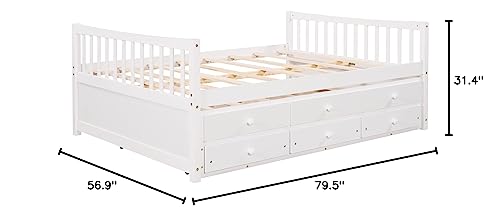 Harper & Bright Designs Full Size Daybed with Twin Size Trundle and 3 Storage Drawers, Wood Full Captain’s Bed with Trundle Bed, Full Platform Bed Great for Kids Guests Sleepovers (White) Harper & Bright Designs