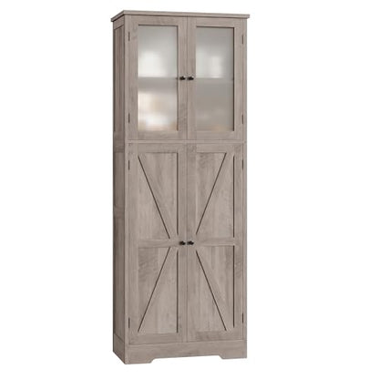 BOTLOG Farmhouse Bathroom Storage Cabinet, 67'' Tall Storage Cabinet with Barn Doors and Shelves, Kitchen Pantry Cabinet for Living Room, Dining Room, Rustic Grey - WoodArtSupply