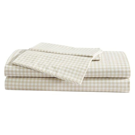 Eddie Bauer - Sheet Set, Cotton Percale Bedding with Matching Pillowcase, Crisp & Breathable, 200-Thread Count, Classic Comfort Essentials (Little Gingham Beige, Full) Eddie Bauer