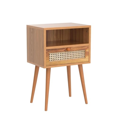 Rattan Nightstand Bedside Tables, Modern Wood Side Table Small End Table for Bedroom Living Room with Long Solid Wood Legs Drawer and Open Shelf
