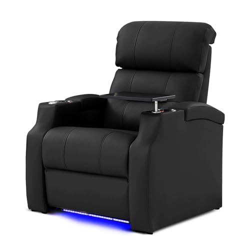 PBRO Home Theater Seating Top Grain Leather, Zero Gravity Recliner Chair Movie Theater Chairs Electric Sofa with Power Reclining USB Charge Ambient Lighting Black Single Seats for Living Room