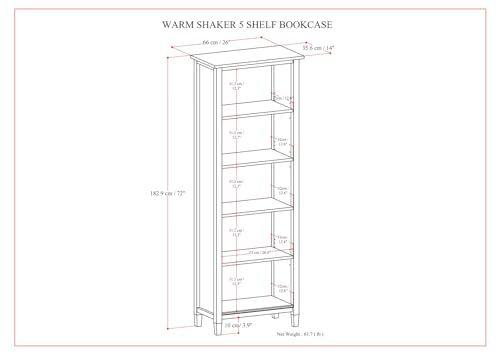 SIMPLIHOME Warm Shaker SOLID WOOD Transitional 5 Shelf Bookcase for The Living, Study Room and Office, 26 inch, Light Golden Brown - WoodArtSupply