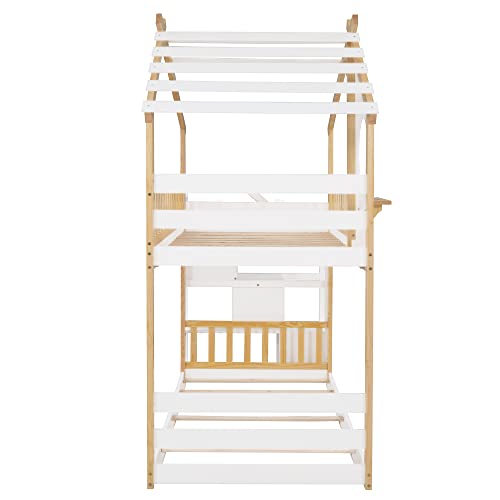 Harper & Bright Designs Twin Over Twin Bunk Bed with Stairs, Stairway House Bunk Bed Frame with Storage and Guard Rail for Kids Girls Boys (Natural and White) Harper & Bright Designs