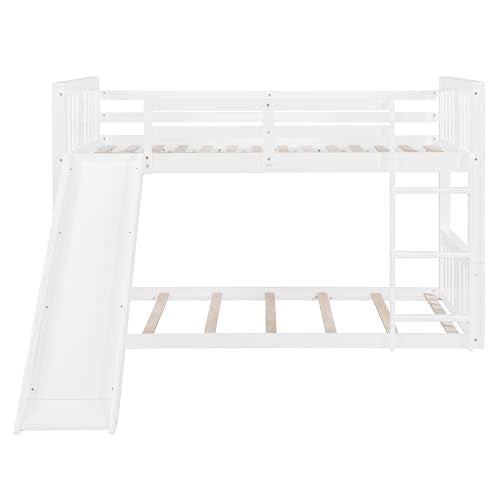 Ball & Cast Bunk Bed Twin Over Twin Beds,with Slide and Ladder,Wood Low Floor Bedframe w/Full-Length Guardrail & Space Saving,No Box Spring Needed,Bedroom Furniture for Student Dorms,White Ball & Cast