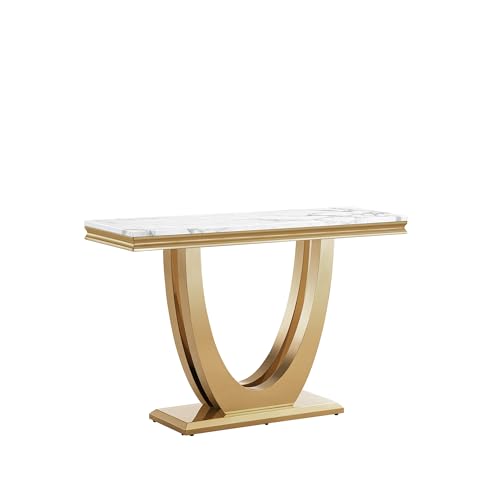 Goujxcy 47"" Marble Console Table Luxury Gold Sofa Table with Geometric U-Shape Stainless Steel Pedestal Modern Long Console Sofa Table White Marble Entryway Hall Table for Living Room Hallway Goujxcy