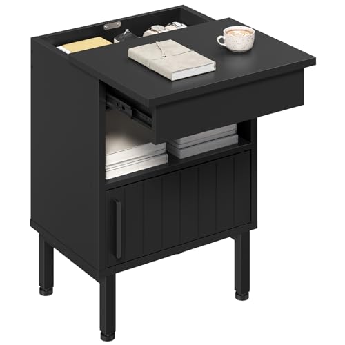 YATINEY Nightstand with Gun Drawer, Bedside Table with Hidden Compartment, End Table with Storage Cabinet, Night Stand for Bedroom, Office, Black ET22BB YATINEY