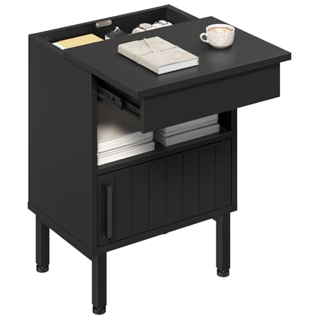 YATINEY Nightstand with Gun Drawer, Bedside Table with Hidden Compartment, End Table with Storage Cabinet, Night Stand for Bedroom, Office, Black ET22BB YATINEY