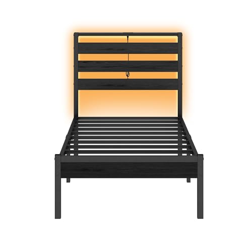 CLIBFENG Bed Frame Twin Size with USB Charging Station, LED Bed Frame with Wood Storage Headboard, Black Metal Platform Bed with Under Bed Storage, No Box Spring Needed, Noise Free CLIBFENG