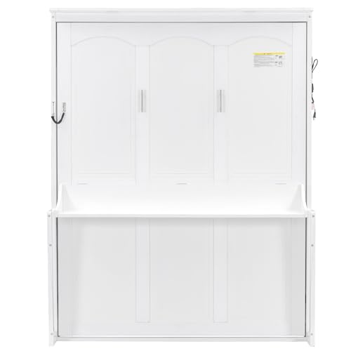 Queen Size Murphy Wall Bed with Desk, Wood Foldable Bed Cabinet with LED Lights and USB Charging Station for Small Places (White) BEDGJH