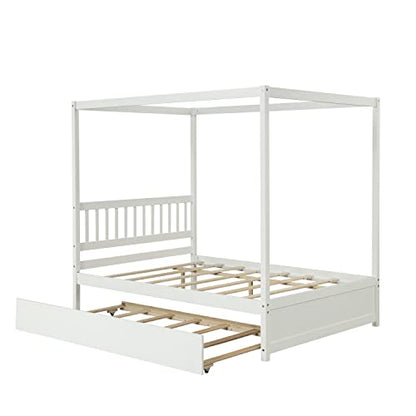 Bellemave Full Size Canopy Bed with Twin Size Trundle, Wood Full Platform Bed with Headboard, Modern 4 Poster Panel Bed for Kids, Teens, Adults. No Box Spring Needed (White)