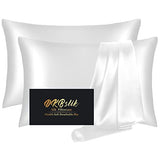 Silk Pillow Cases 2 Pack, Mulberry Silk Pillowcases Standard Set of 2, Health, Smooth, Anti Acne, Beauty Sleep, Both Sides Natural Silk Satin Pillow Cases for Women 2 Pack with Zipper for Gift,White DKBslik