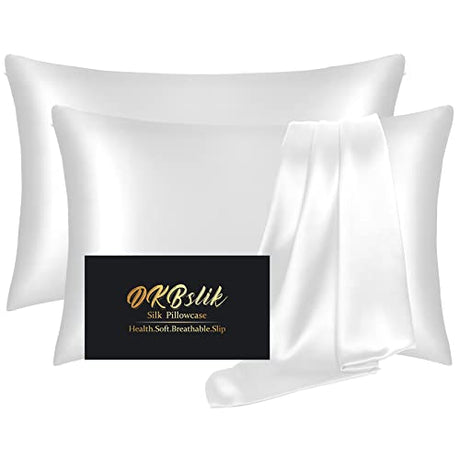 Silk Pillow Cases 2 Pack, Mulberry Silk Pillowcases Standard Set of 2, Health, Smooth, Anti Acne, Beauty Sleep, Both Sides Natural Silk Satin Pillow Cases for Women 2 Pack with Zipper for Gift,White DKBslik
