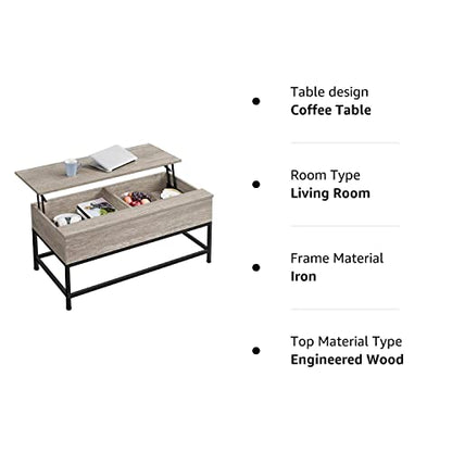 Yaheetech Lift Top Coffee Table with Storage and Metal Frame for Living Room, Split Lift Up Coffee Table with Hidden Compartments, Center Table for Reception Room, Easy to Lift Up, Gray - WoodArtSupply