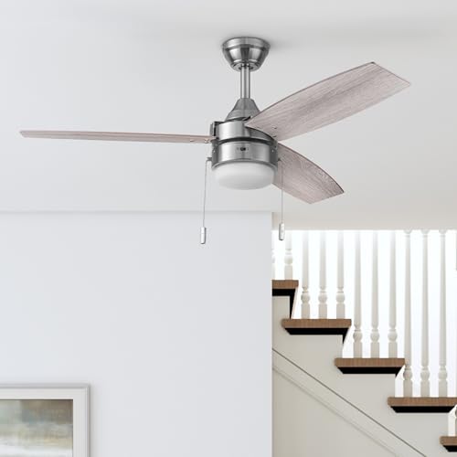 Honeywell Ceiling Fans Berryhill, 48 Inch Ceiling Fan with Color Changing LED Light, Pull Chain, Dual Mounting Options, 3 Dual Finish Blades, Reversible Airflow - 51857-01 (Brushed Nickel) Honeywell Ceiling Fans