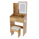 QueZeiah Small Makeup Vanity Desk with Mirror and Lights, Mini Vanity with Stool, 2 Large Drawers, Charging Station, Dressing Table Set for Women's Bedroom, Dressing Room, Wood QueZeiah