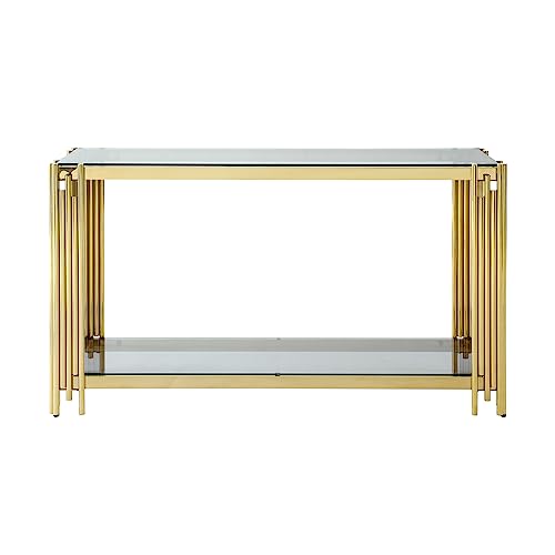 Goujxcy Modern Glass Console Table, 55" Gold Sofa Table with Sturdy Metal Frame and Clear Tempered Glass Top for Living Room Entryway Bedroom (Gold) Goujxcy