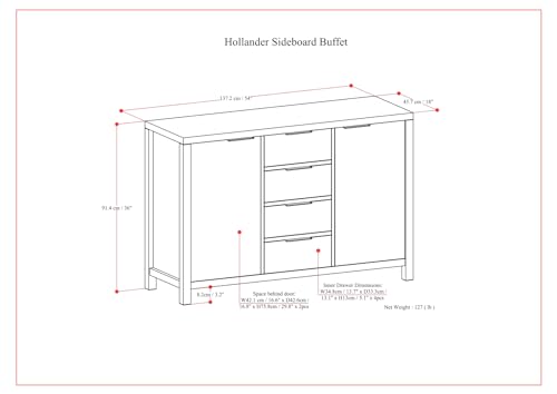 SIMPLIHOME Hollander Buffet - 54 inch Wide Solid Wood 3-Door Sideboard Buffet in Medium Saddle Brown, Contemporary Storage Cabinet for Dining Room or Kitchen with Adjustable Shelves and Metal Handles SIMPLIHOME