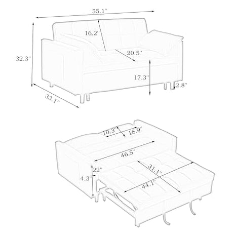 PBOGHLRD Modern Corduroy Loveseat Futon Sofa Couch with Pullout Bed, Small Lounge Sofa with Reclining Backrest, Folding Sleeper Sofa Bed for Living Room, Bedroom, Office, Apartment (Beige) PBOGHLRD