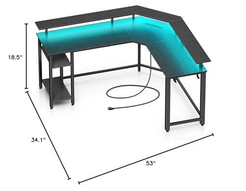 Rolanstar L Shaped Gaming Desk with LED Lights & Power Outlets, 46.2" Computer Desk with Full Monitor Stand & Storage Shelf, Corner Desk with Hooks, Black Desk Reversible Rolanstar