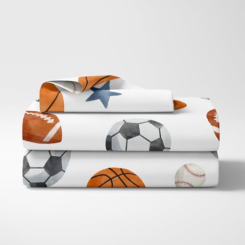 Sweet Jojo Designs Sports Theme Boy Twin Sheets Set Single Size Bed Flat Fitted Sheet Pillow Case Kids Childrens Teenager Bedding 3p Watercolor Soccer Balls Football Baseball Basketball Blue Stars Sweet Jojo Designs